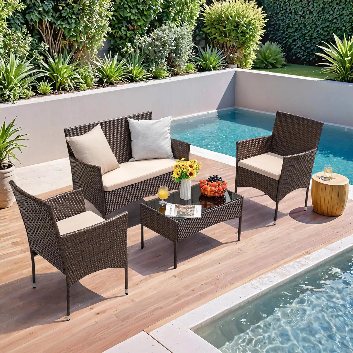 4-Piece Outdoor Patio Furniture Set Rattan Wicker Garden Poolside