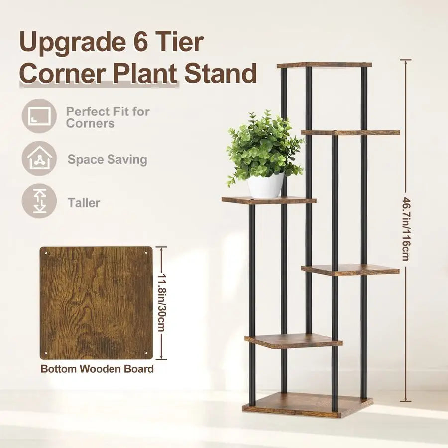 6 Tier Indoor Plant Stand Wood And Metal Shelf Organizer For Narrow Corner