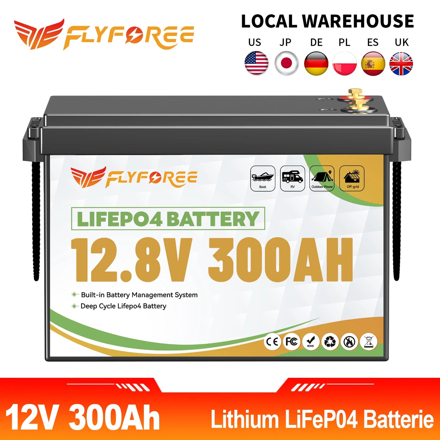 FLLYROWER 12V 300Ah LiFePO4 Battery Pack With 200A BMS For Off Grid RV Boat