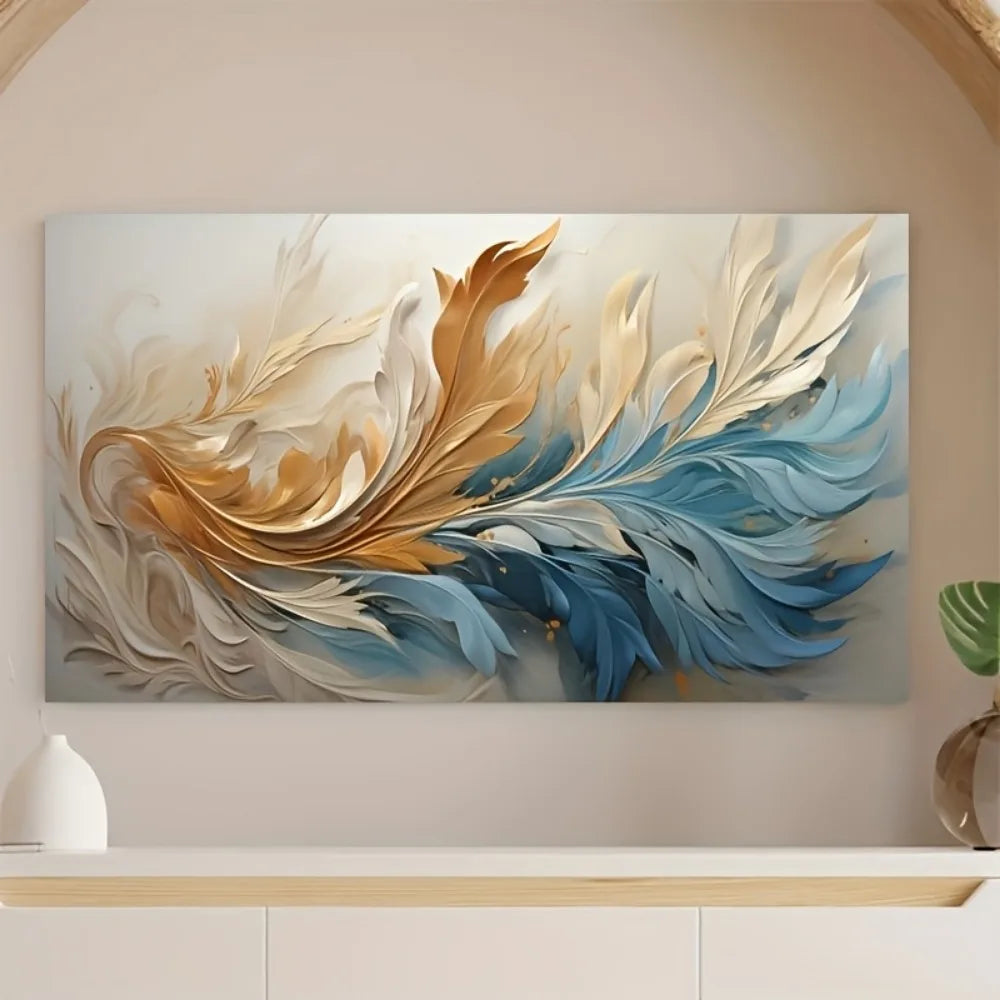 Modern Abstract Gold Feather Canvas Art With Pine Wood Frame