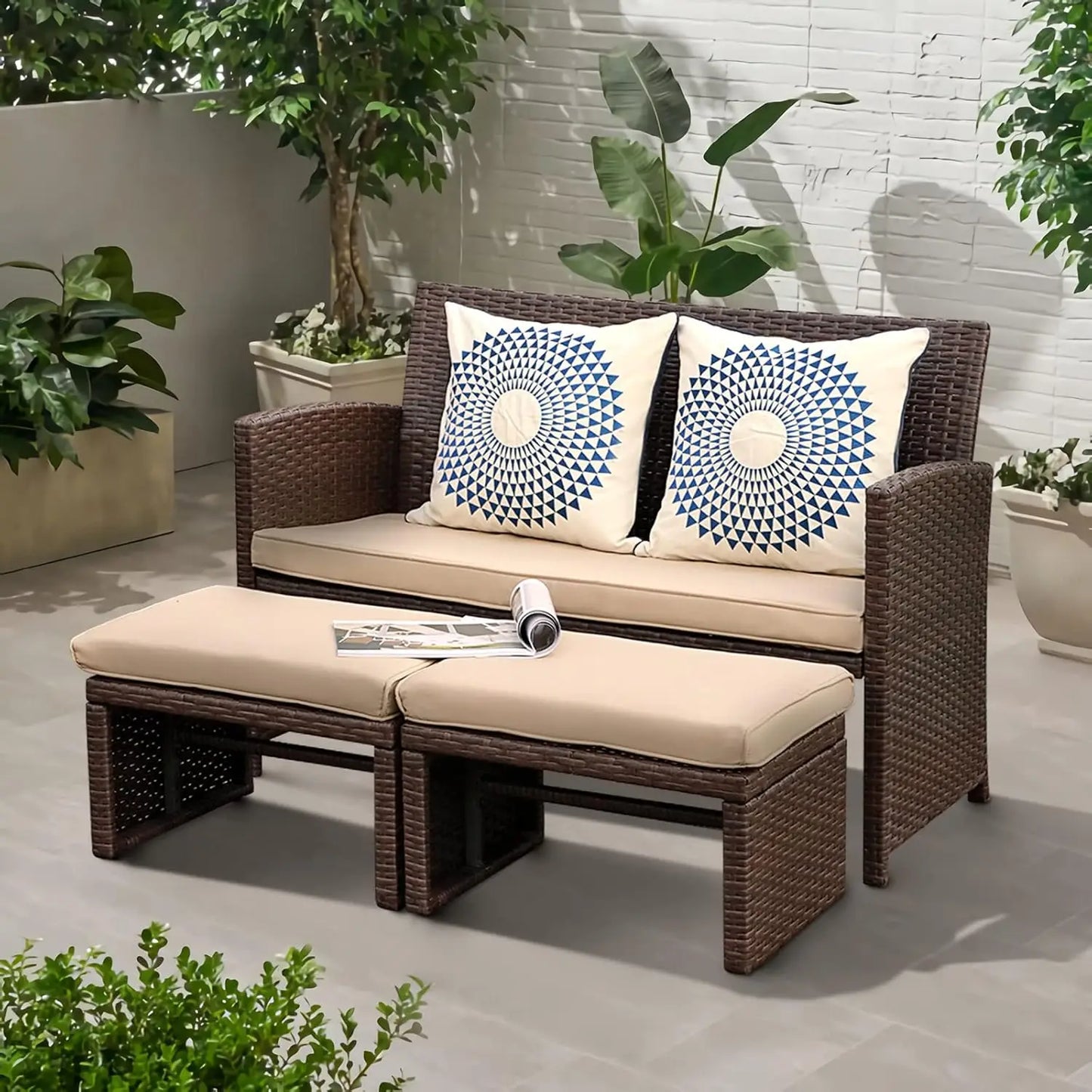 Outdoor 3 Piece Patio Conversation Set Wicker Loveseat Ottoman