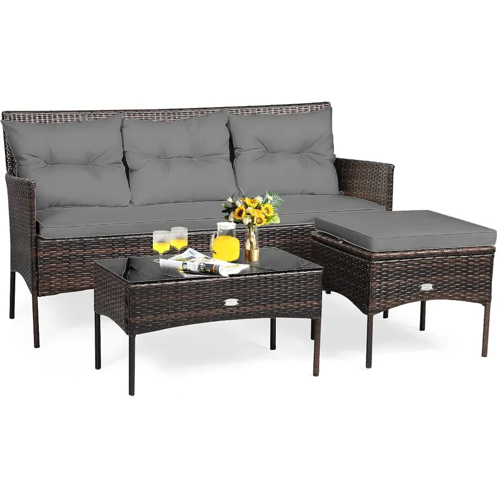 Outdoor Rattan Conversation Set With Tempered Glass Coffee Table