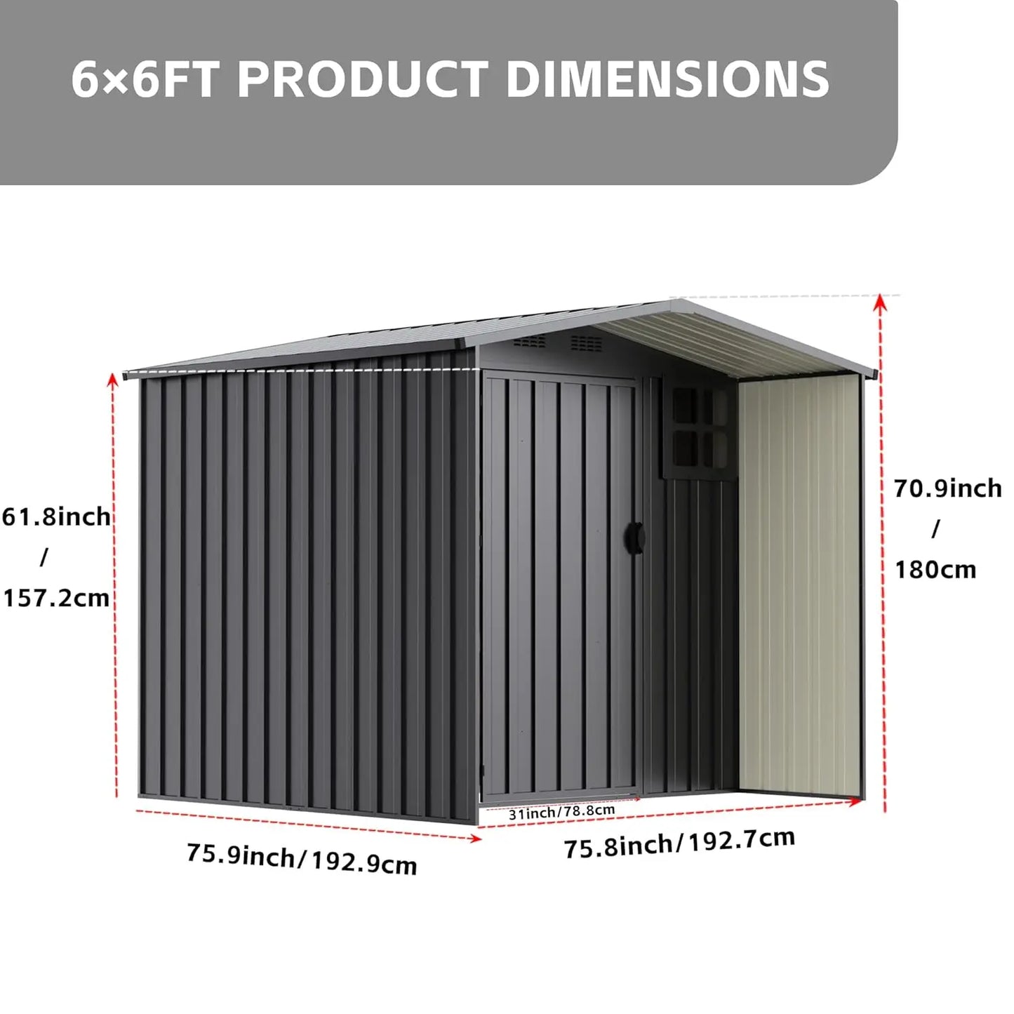 6x6FT Metal Outdoor Storage Shed with Windows Lockable Waterproof Garden Tool Lawn Mower Backyard Patio No Floor, Customized