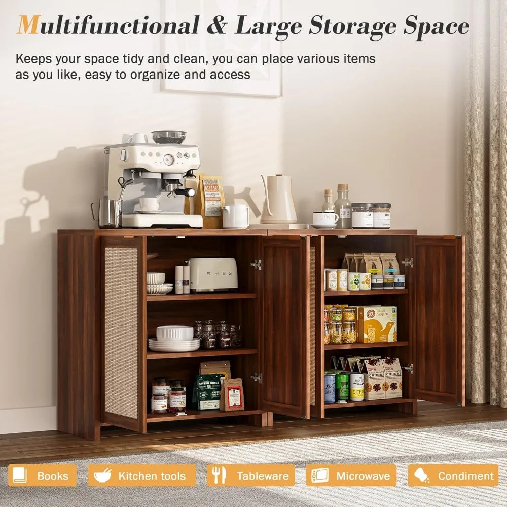 Rattan Storage Sideboard Buffet Cabinet With 4 Doors Farmhouse Console
