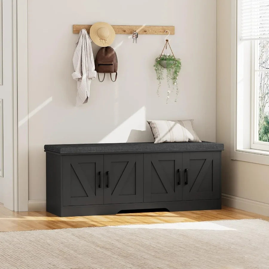 Two Tier Storage Bench With Cushioned Seat And Barn Doors
