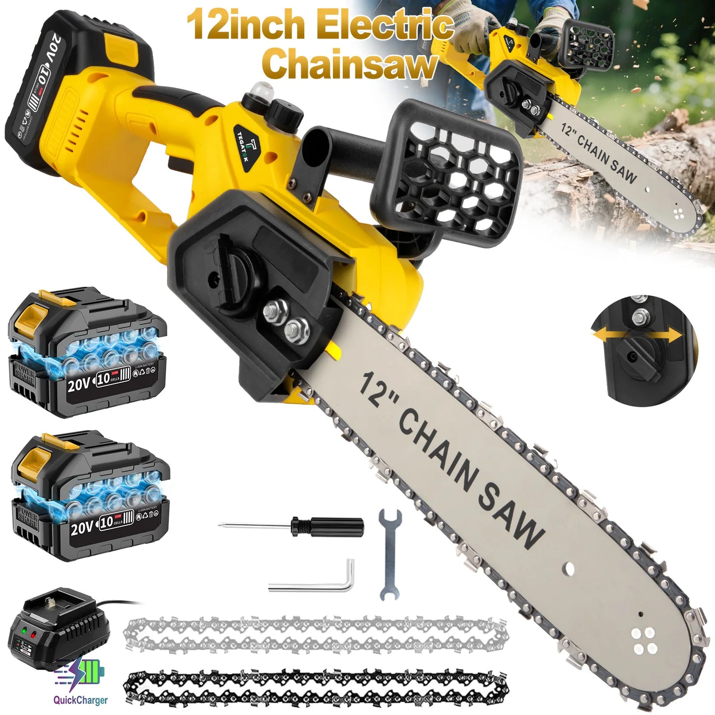TEGATOK 12 Inch 1200W Cordless Chainsaw With Dual Batteries