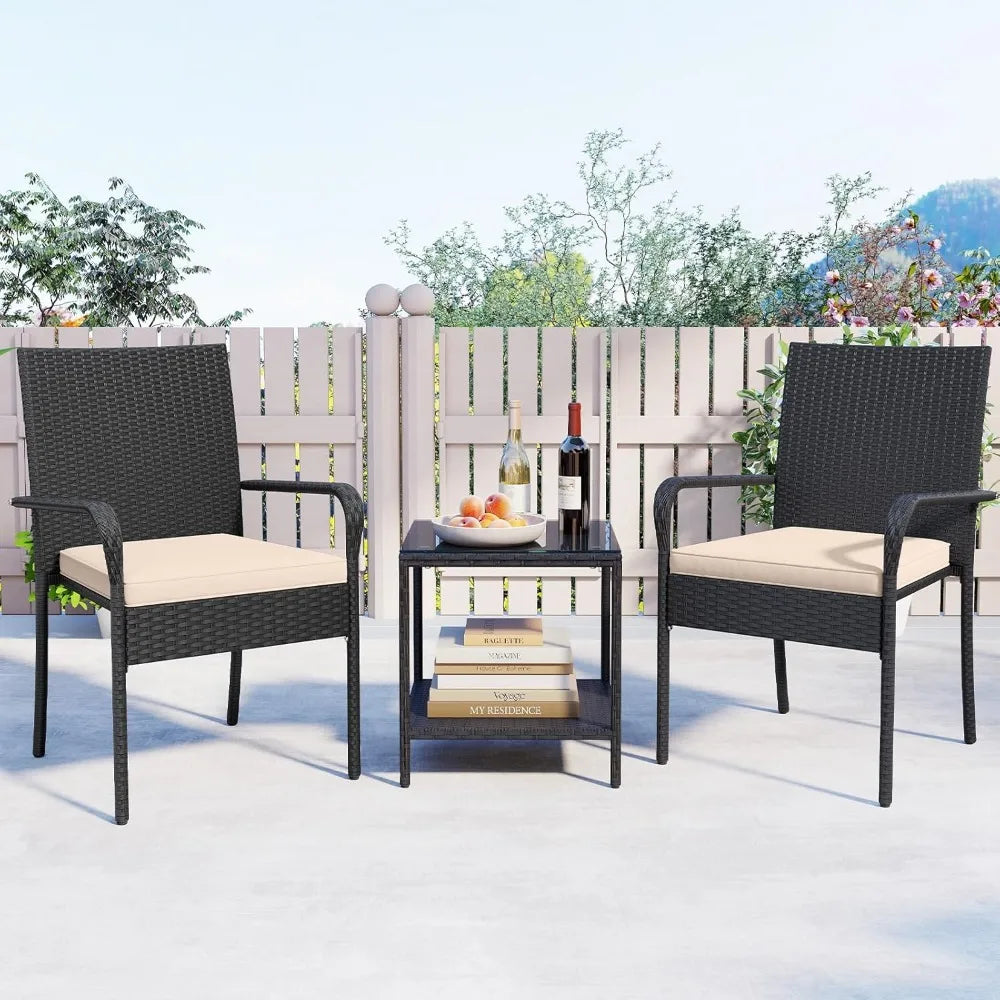 Three Piece Patio Rattan Conversation Set With Glass Table