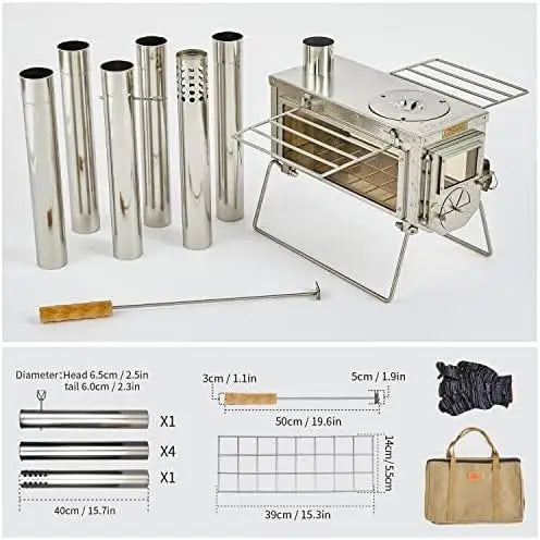 Portable Camping Tent Wood Stove With 6 Section Chimney Pipes