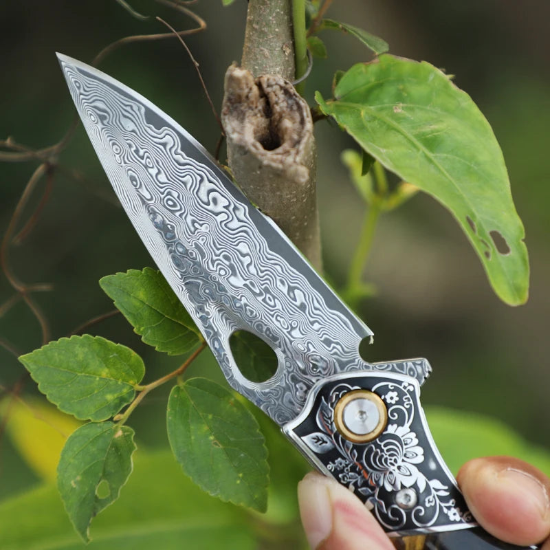 NONEDIY Damascus Steel Pocket Knife With Wood Handle