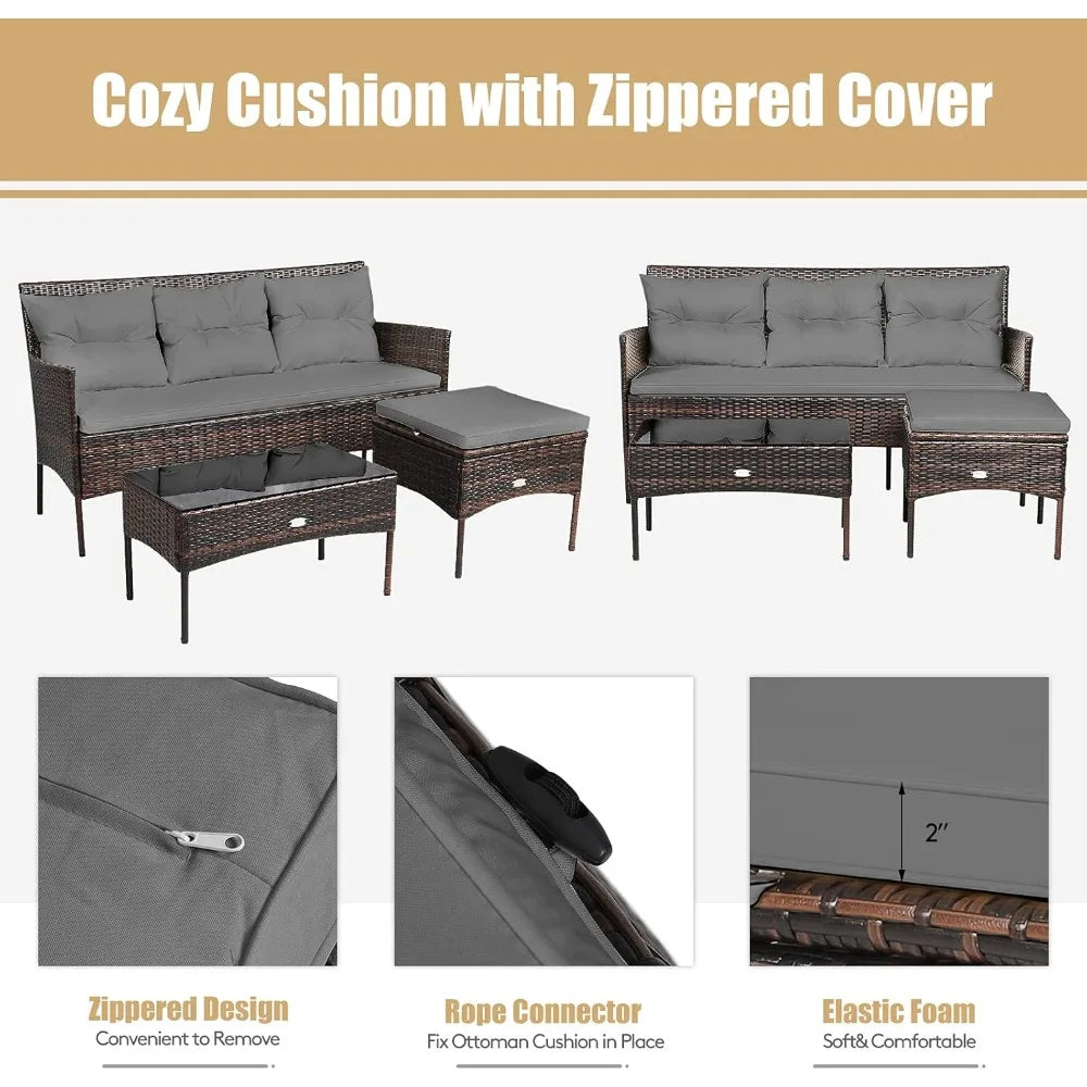 Outdoor Rattan Conversation Set With Tempered Glass Coffee Table