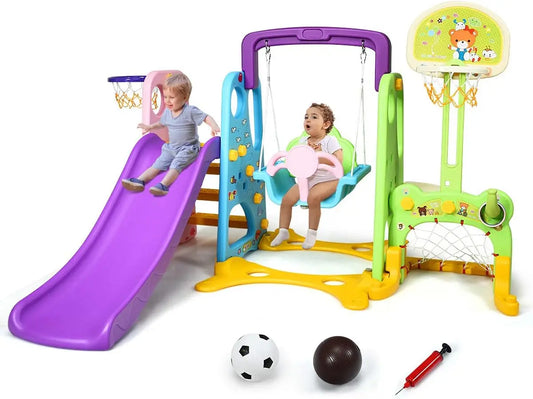 Six-in-One Kids Climber Slide Swing Set With Basketball Hoop