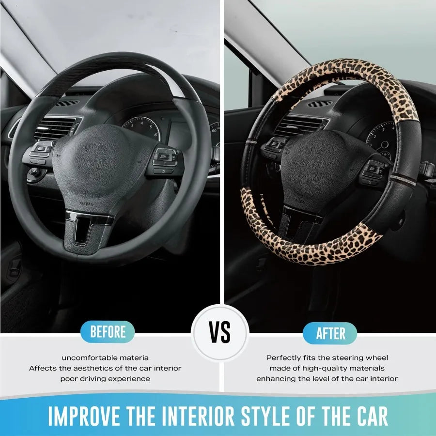 Leopard Print PVC Steering Wheel Cover Anti Slip Universal Fit