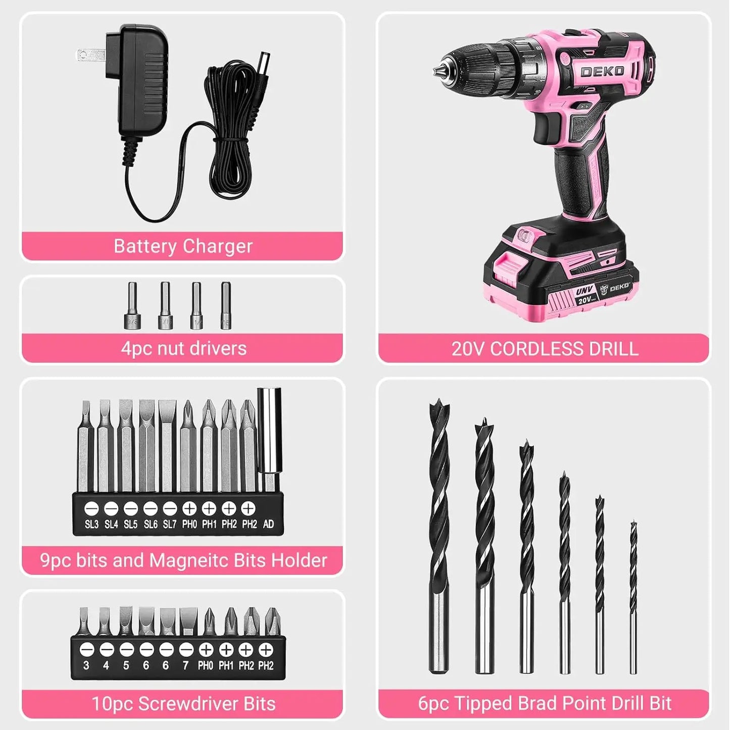 DEKO 20V Cordless Power Drill Set For Women Ergonomic Lightweight Design