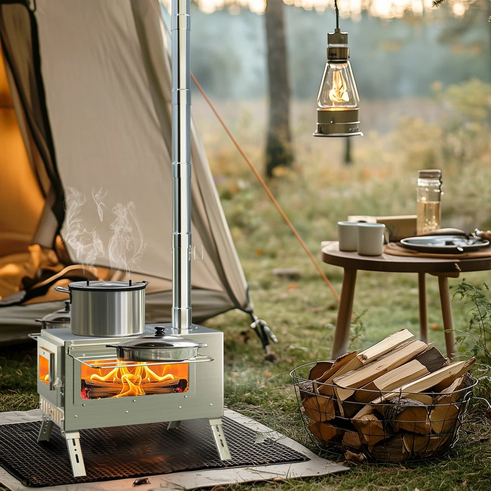 Stainless Steel Portable Camping Wood Burning Stove With Chimney Pipes