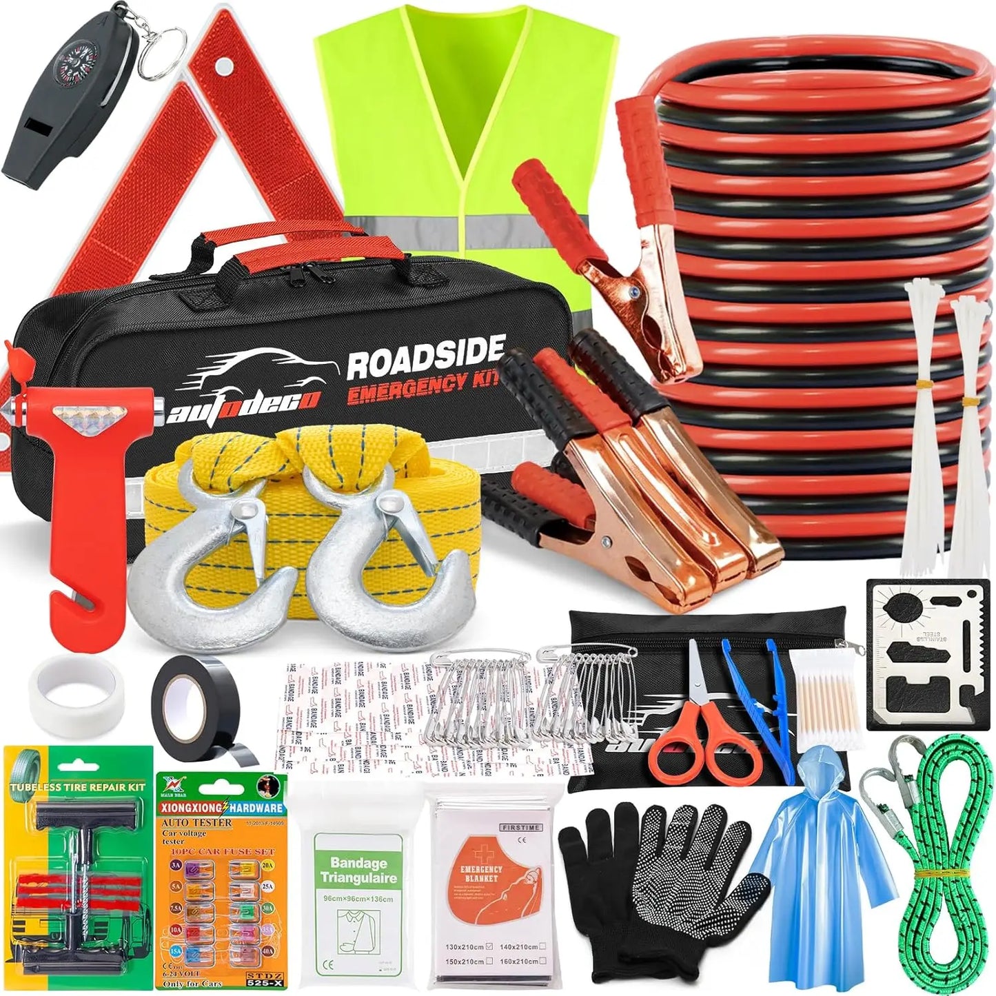 XMSJ Car Roadside Emergency Kit Premium Jumper Cables Tow Strap