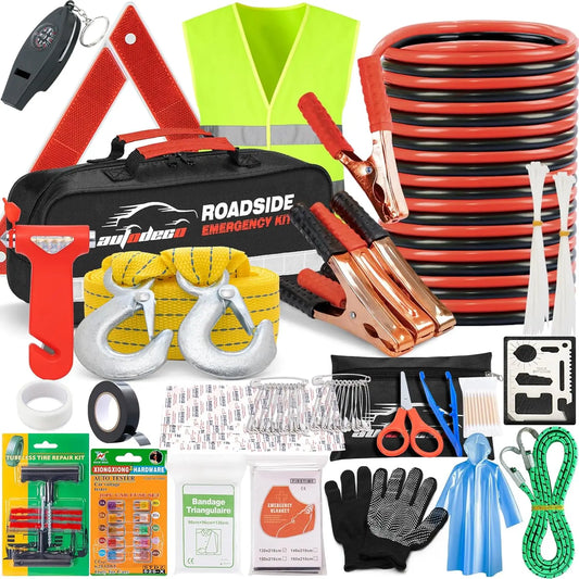 XMSJ Car Roadside Emergency Kit Premium Jumper Cables Tow Strap