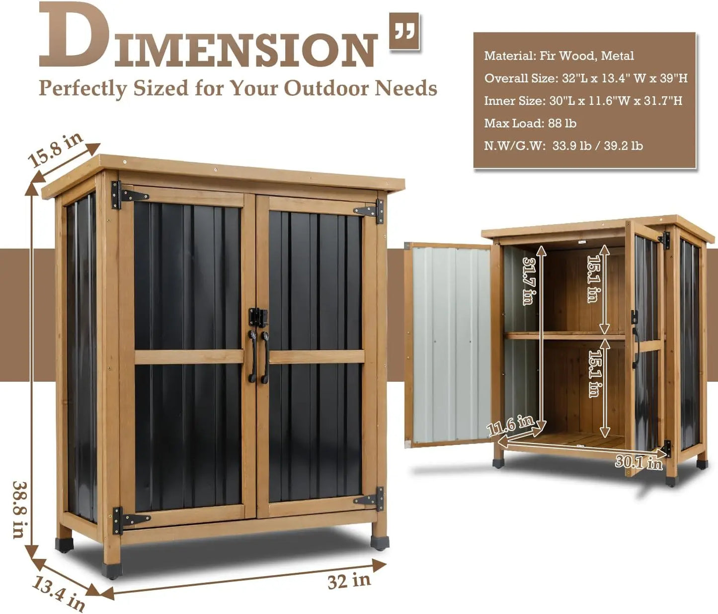 PetsCosset Outdoor Storage Shed Garden Storage Cabinet With Waterproof Roof