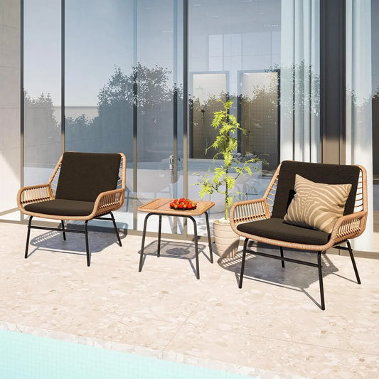 3 Piece Wicker Patio Set With Cushioned Chairs And Table