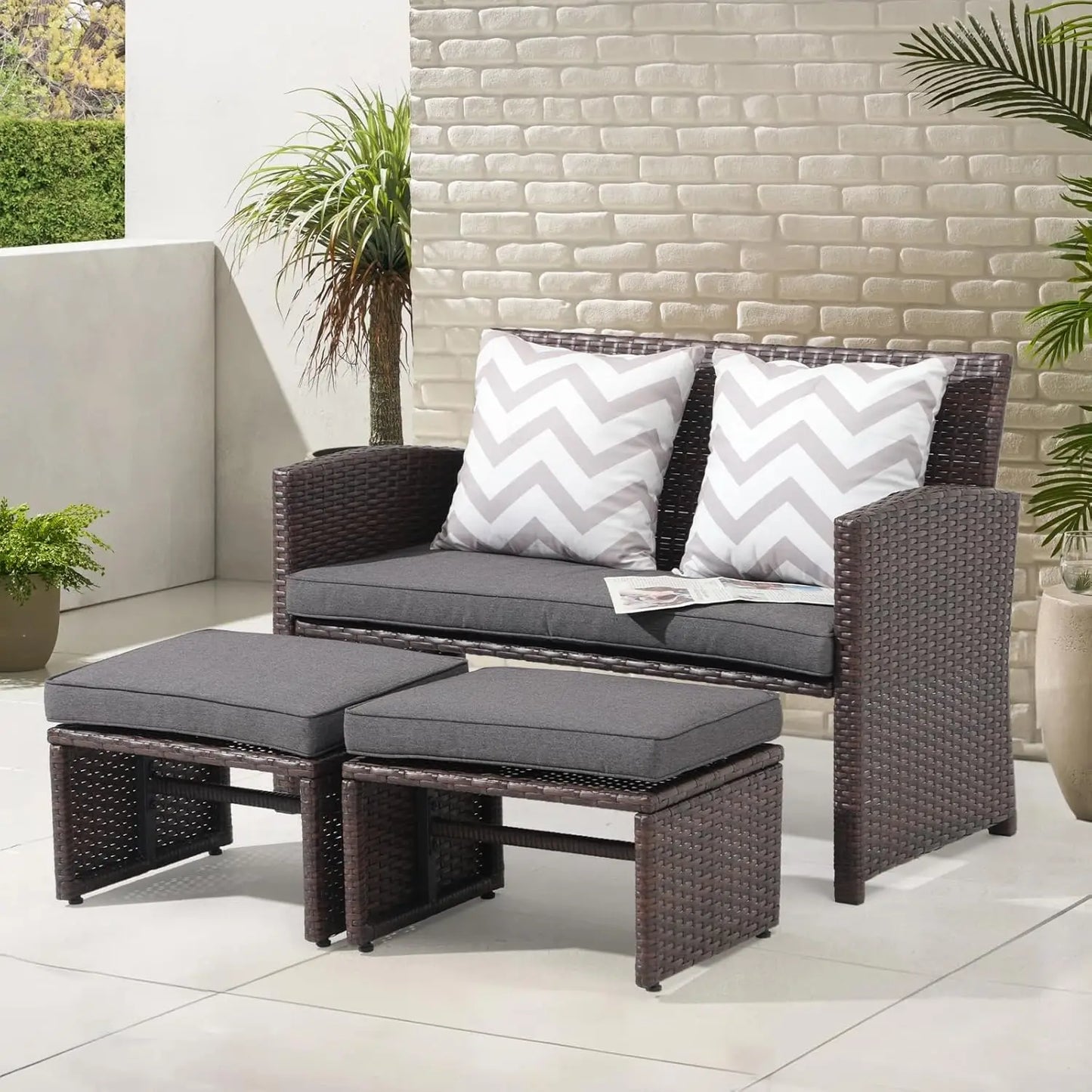 Outdoor 3 Piece Patio Conversation Set Wicker Loveseat Ottoman