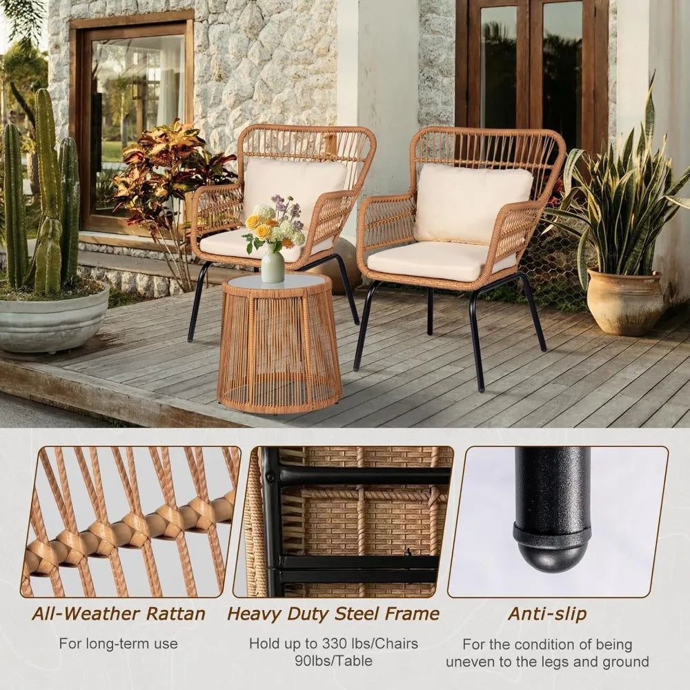 Outdoor Wicker Bistro Set With Glass Table And Two Chairs