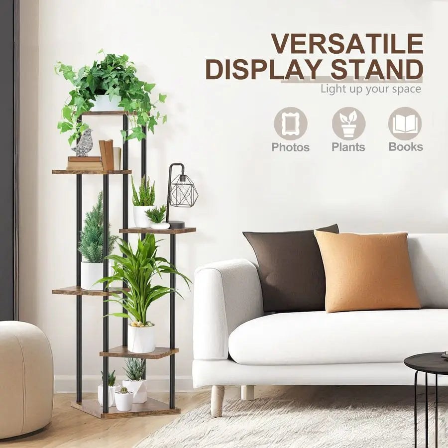 6 Tier Indoor Plant Stand Wood And Metal Shelf Organizer For Narrow Corner