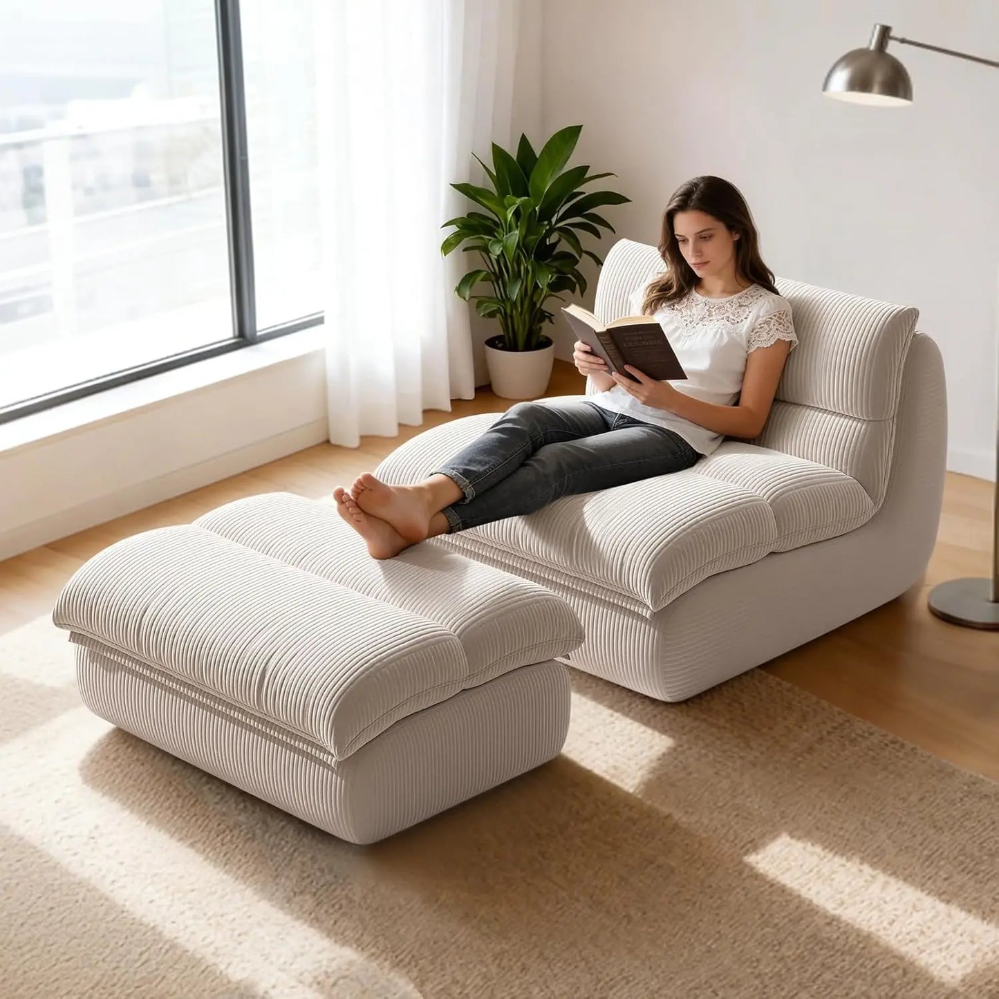 Corduroy Memory Foam Bean Bag Lounge Chair With Ottoman