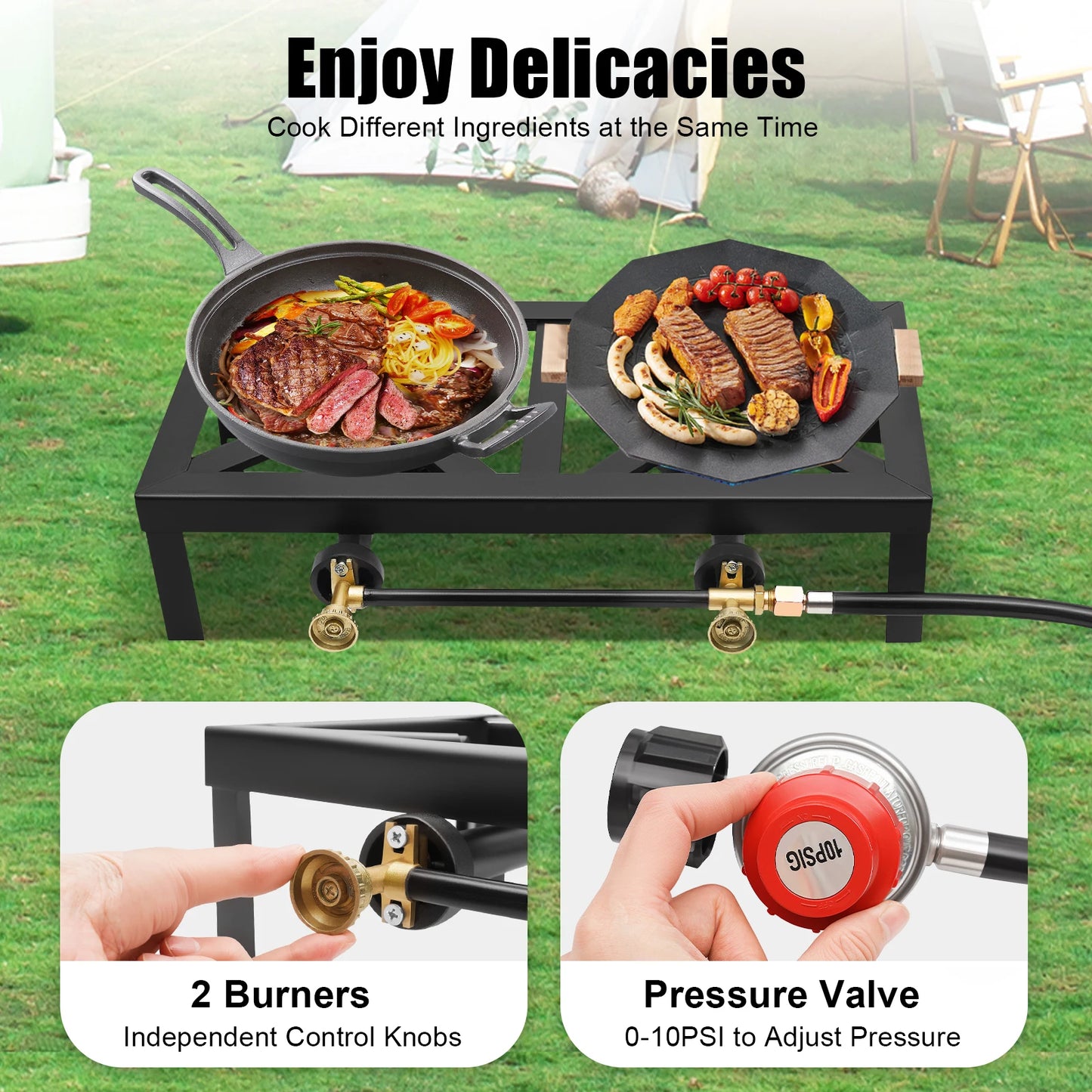 Portable Double Burner Gas Stove With Adjustable Regulator Hose