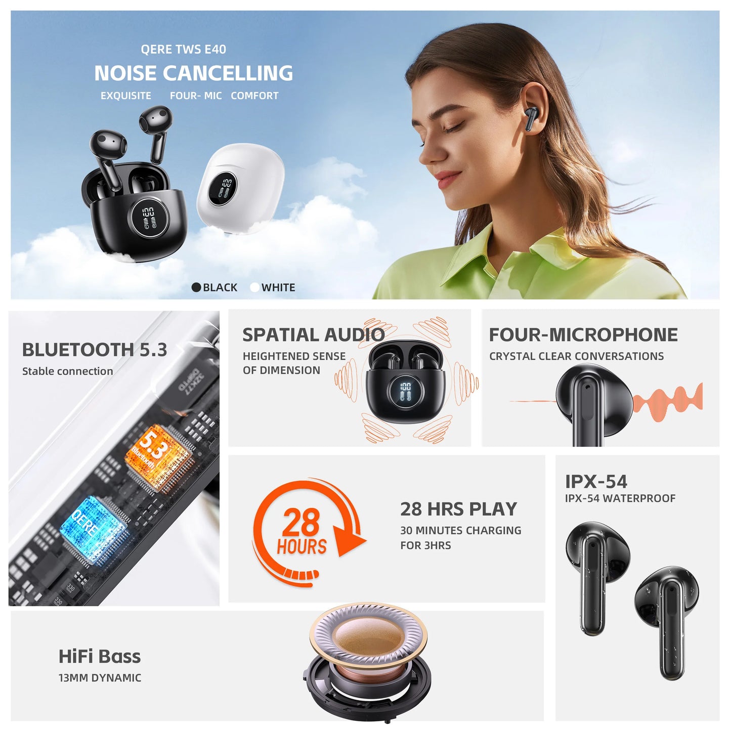 QERE E40 Wireless Bluetooth Earphones With 13mm Driver