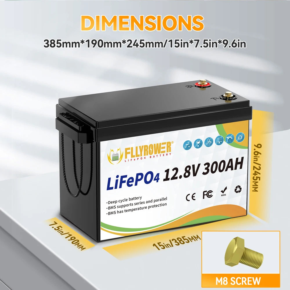 FLLYROWER 12V 300Ah LiFePO4 Battery Pack With 200A BMS For Off Grid RV Boat