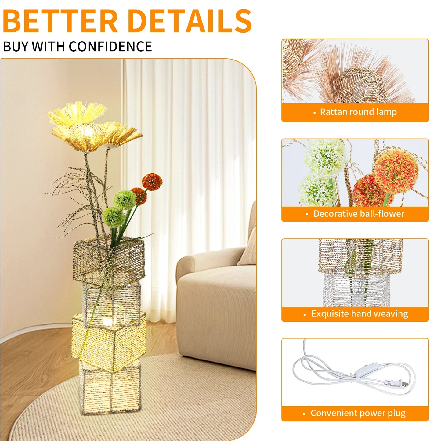 Rattan Floor Lamp Dimmable LED Standing Light For Living Room