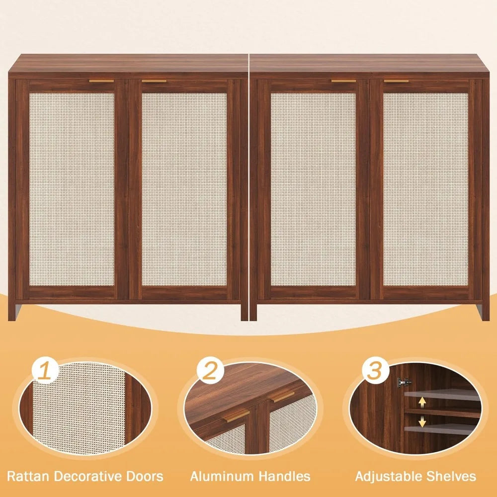 Rattan Storage Sideboard Buffet Cabinet With 4 Doors Farmhouse Console