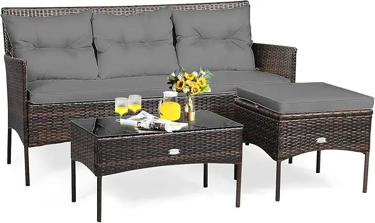 Outdoor Rattan Conversation Set With Tempered Glass Coffee Table
