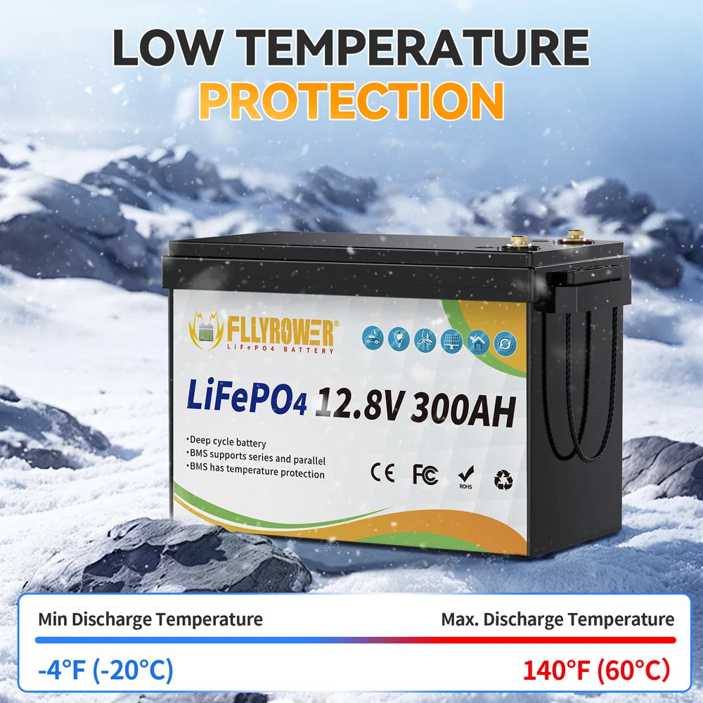FLLYROWER 12V 300Ah LiFePO4 Battery Pack With 200A BMS For Off Grid RV Boat