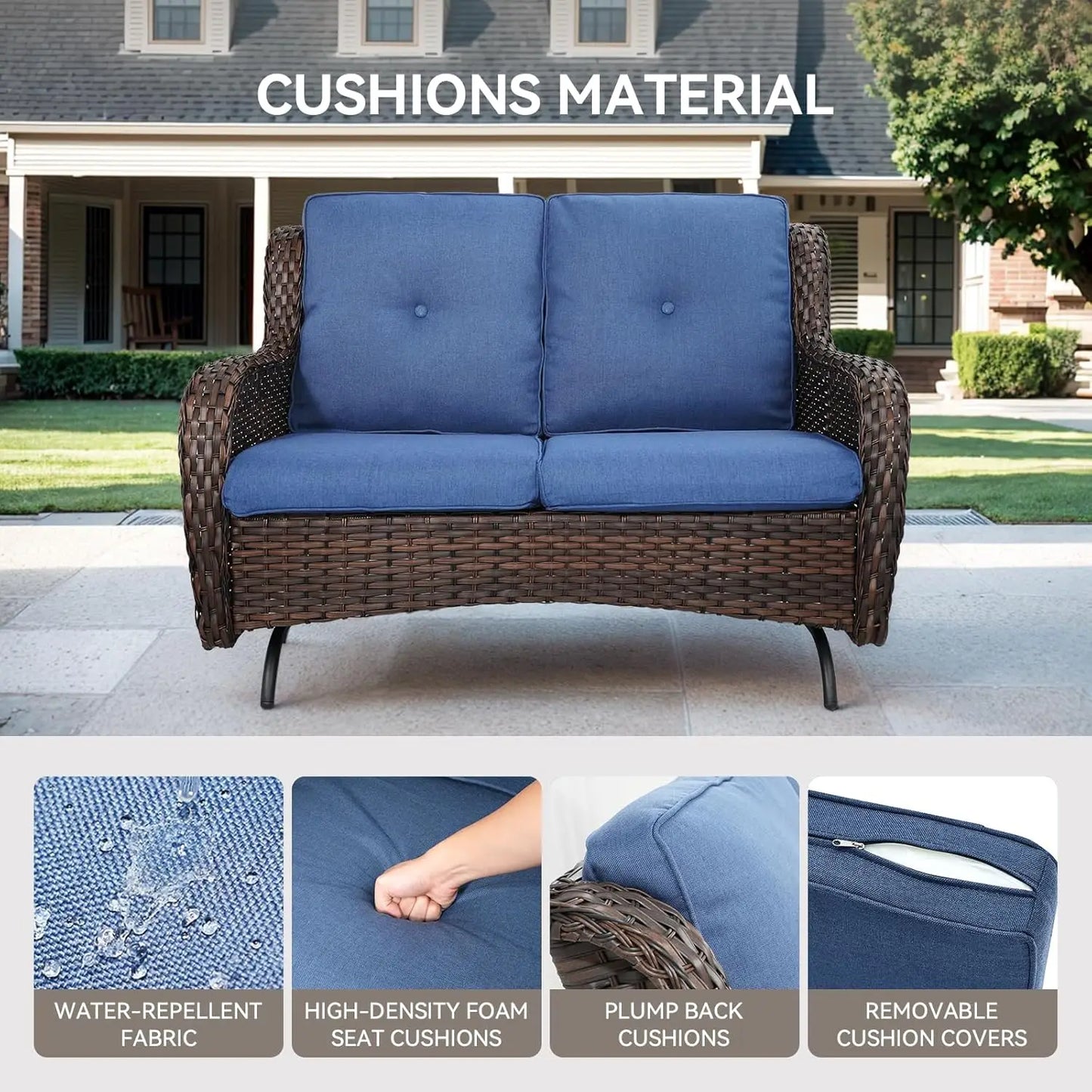 2 Seat Wicker Glider Loveseat Patio Garden Curved Armrests
