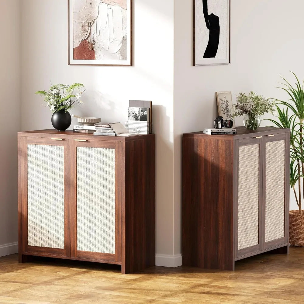 Rattan Storage Sideboard Buffet Cabinet With 4 Doors Farmhouse Console