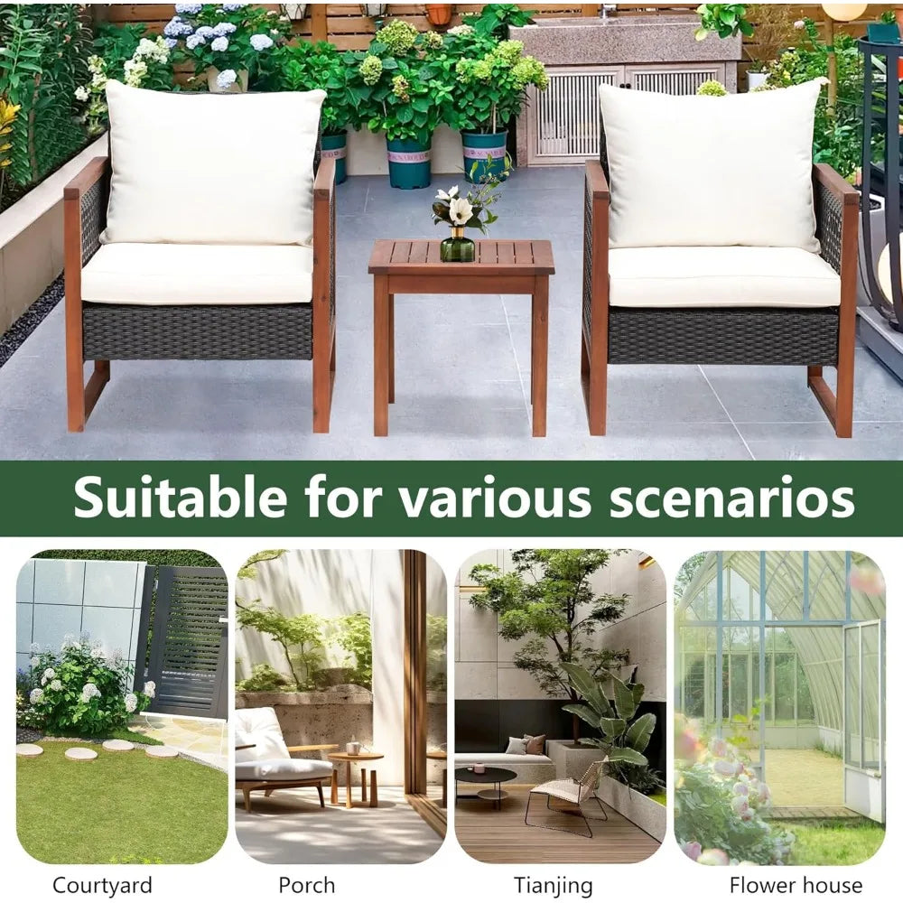 Outdoor Rattan Bistro Set With Acacia Wood Frame And Cushions