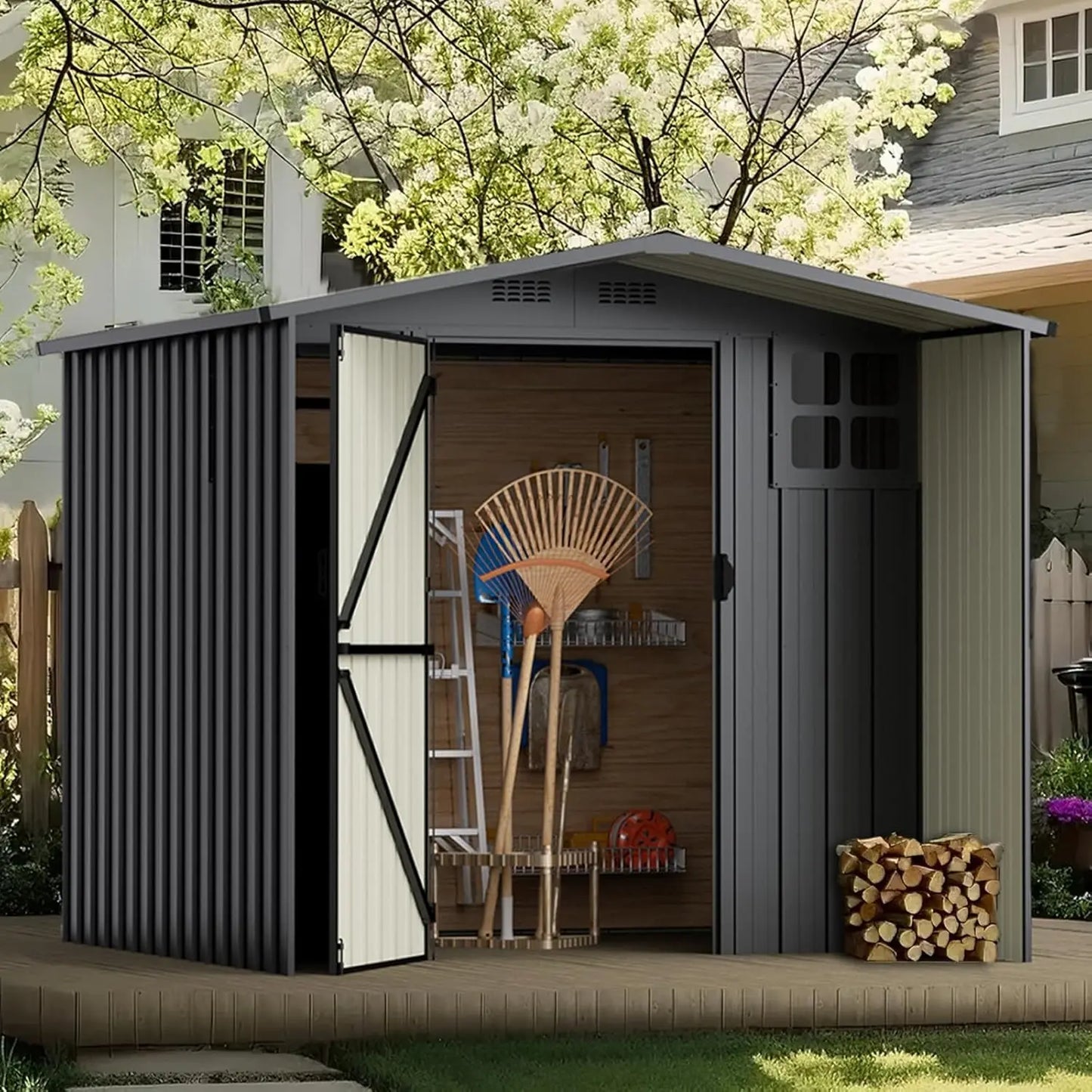 6x6FT Metal Outdoor Storage Shed with Windows Lockable Waterproof Garden Tool Lawn Mower Backyard Patio No Floor, Customized
