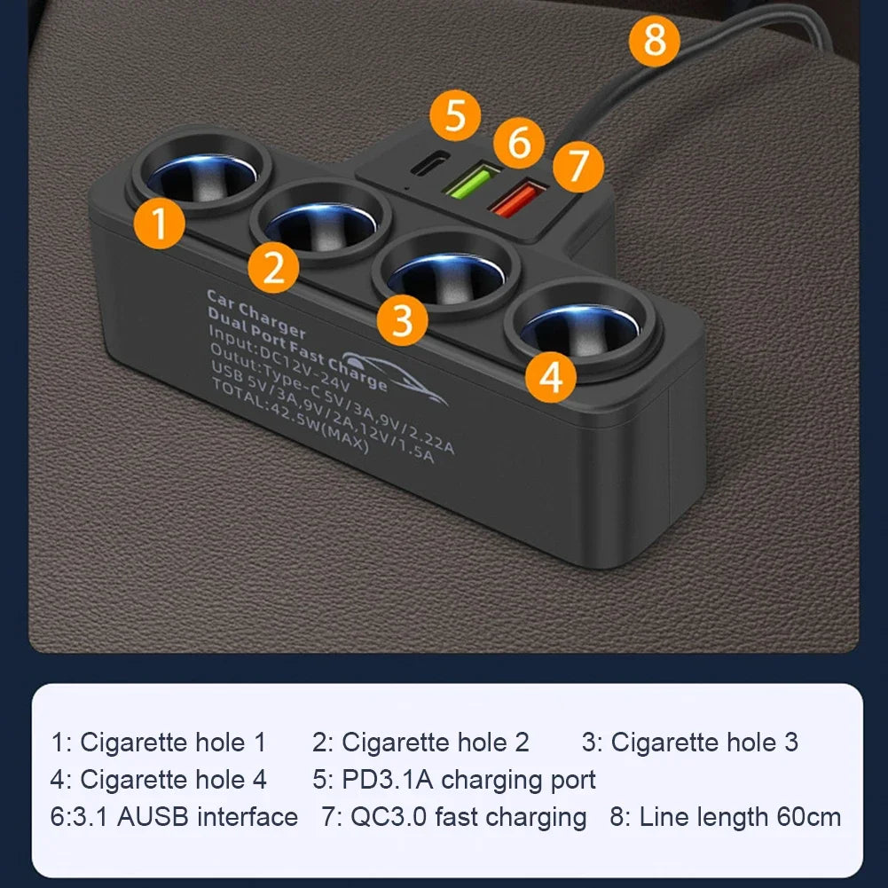 Shunmaii Car USB Charger Splitter 4-Port QC3.0 PD Fast Charge