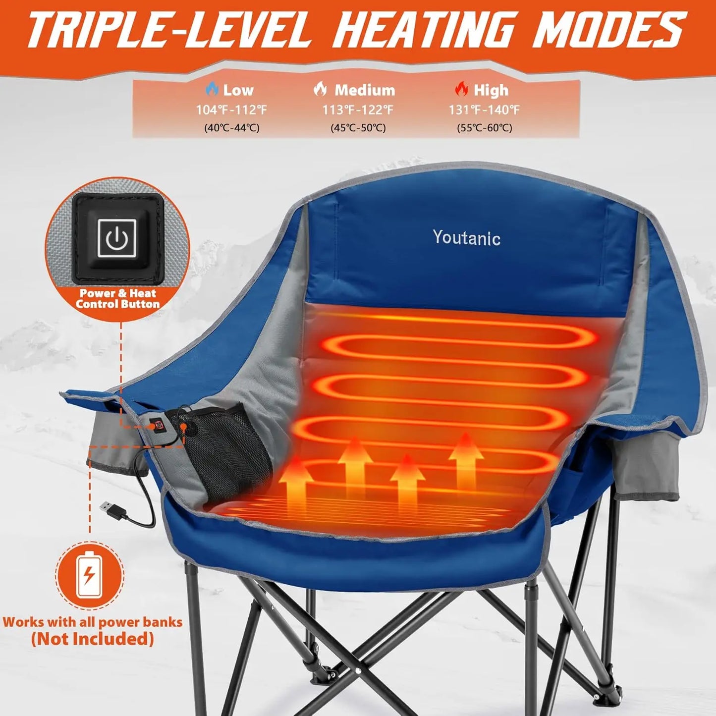 Heated Camping Chair with 3 Heat Levels, Oversized Padded Design, Side Pockets & Cup Holder for Outdoor Activities