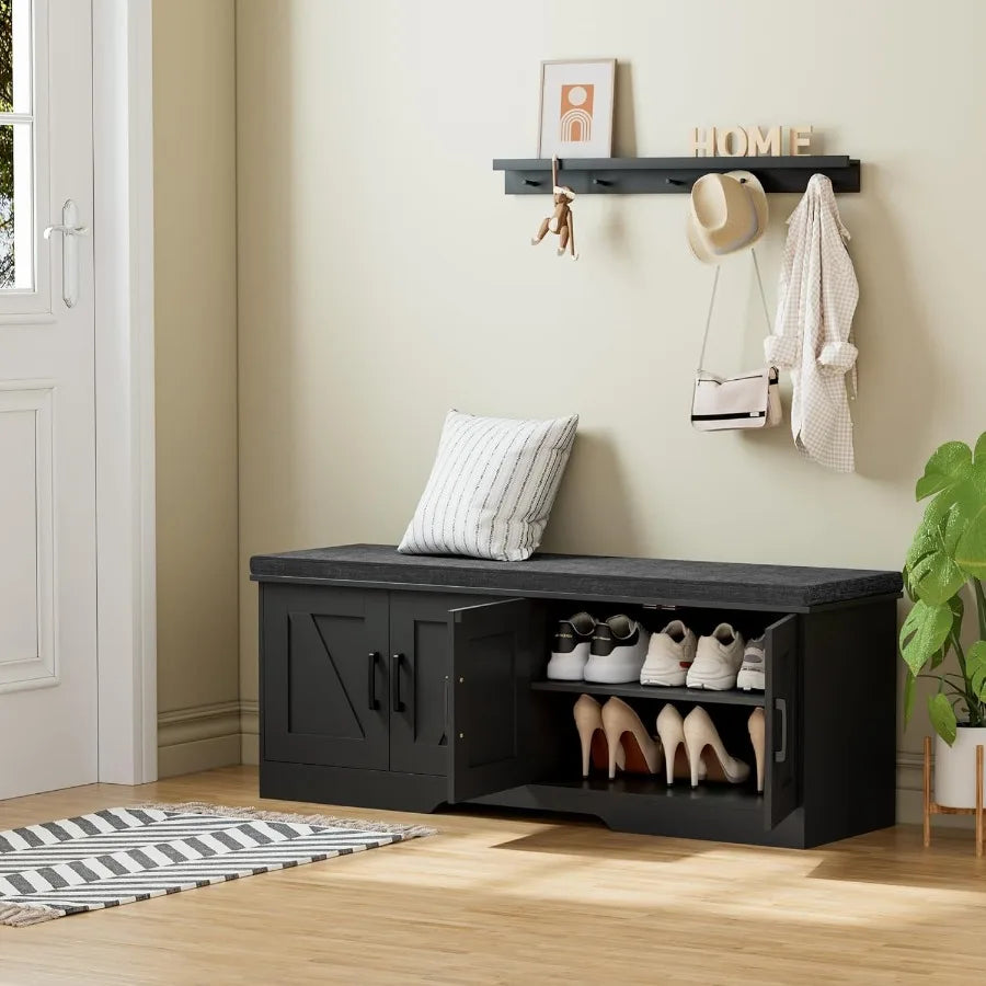 Two Tier Storage Bench With Cushioned Seat And Barn Doors
