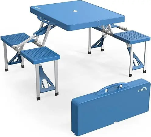 4Ft Folding Camping Picnic Table with Seats/Umbrella Hole-265 Lbs Support That Lightweight and Fold Up Card Suitcase Table Alum