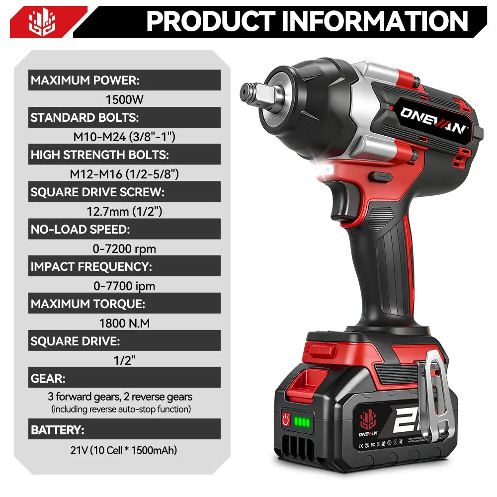 ONEVAN Brushless Electric Impact Wrench 1800 Nm Cordless Power Tool