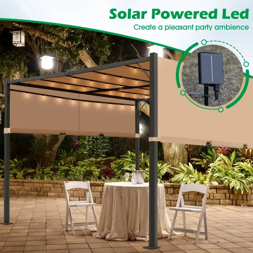 Heavy-Duty Aluminum Pergola With Retractable Shade And Solar LEDs