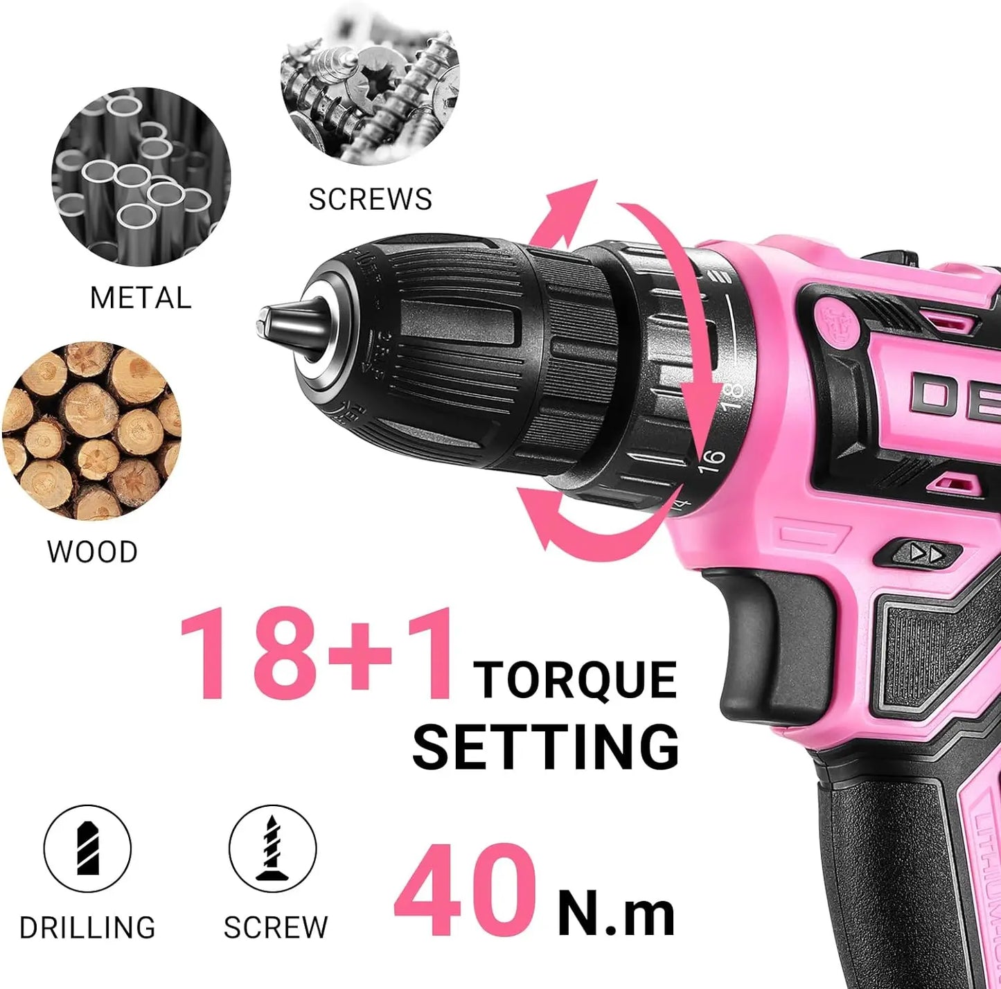 DEKO 20V Cordless Power Drill Set For Women Ergonomic Lightweight Design