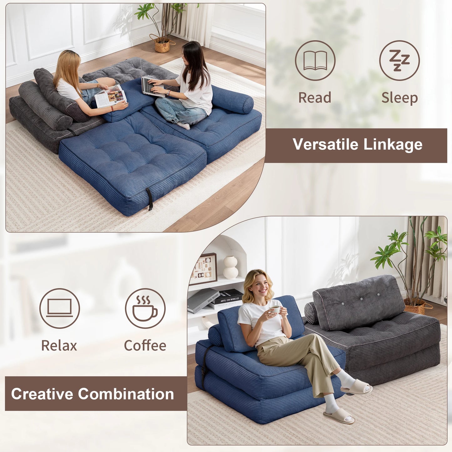 KORSER Convertible Floor Couch for Adult with Pillow Folding Sofa Bed  Comfort Floor Sofa Portable Sleeper Chair for Living Room