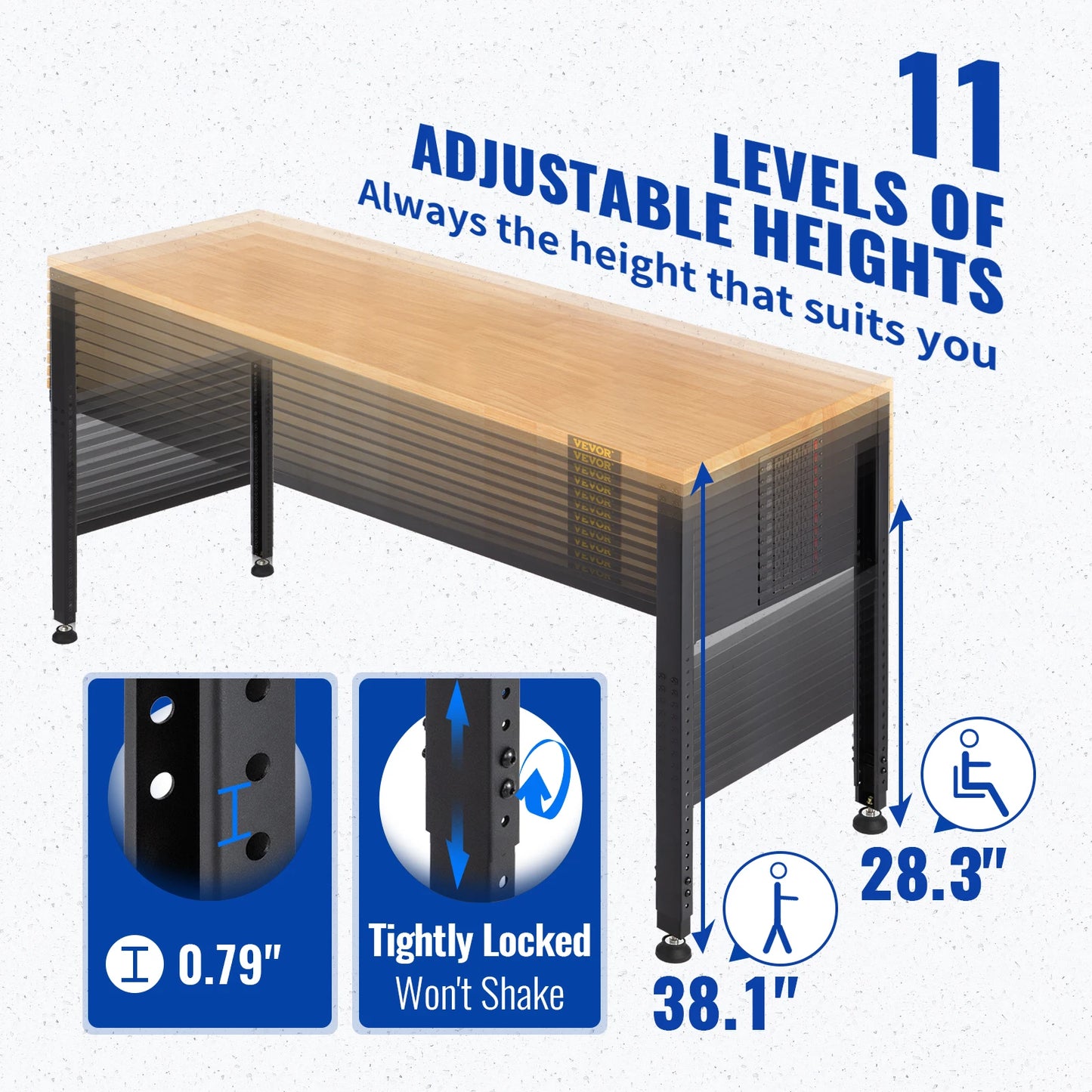 Heavy Duty Adjustable Height Woodworking Workbench With Oak Wood Top