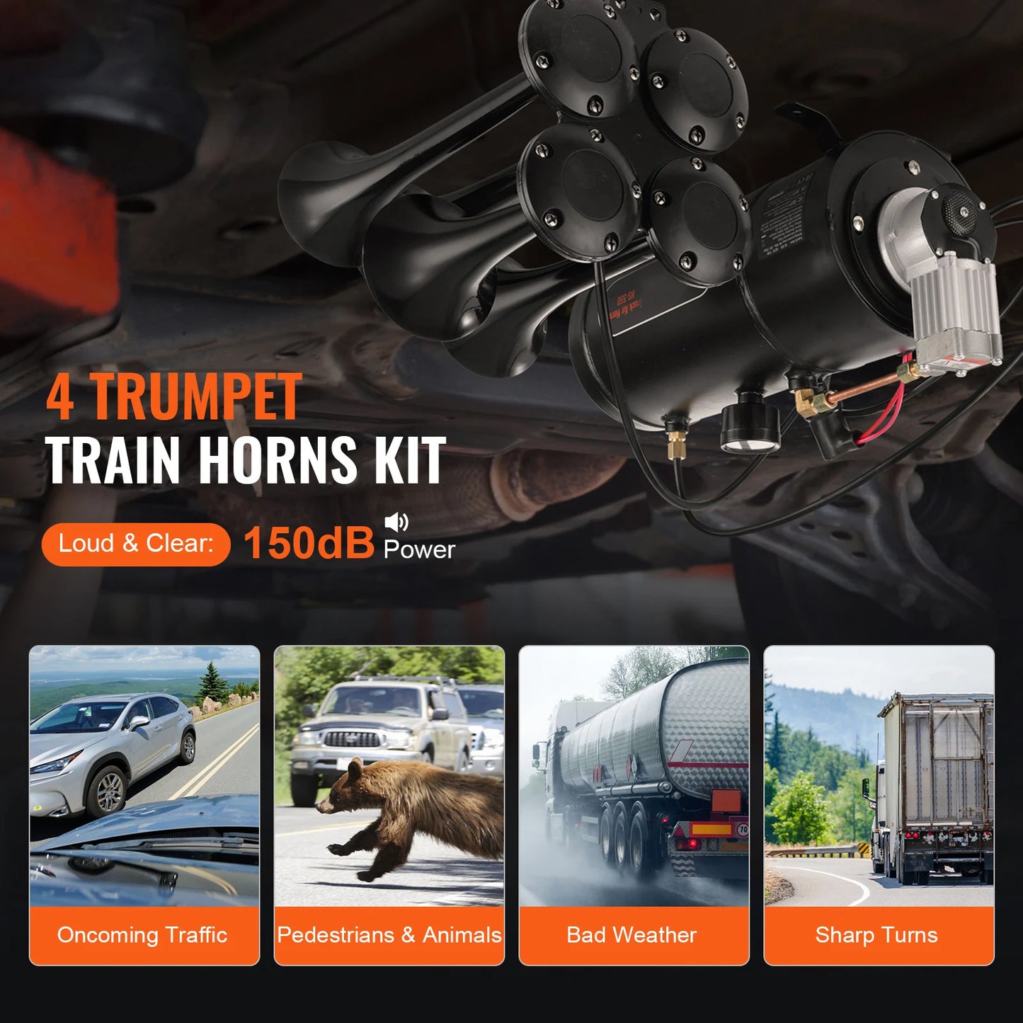 SucceBuy Train Horns Kit 4 Trumpets 150dB Air Horn System