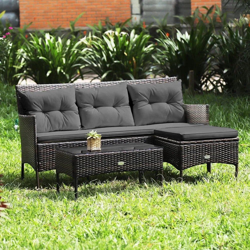 Outdoor Rattan Conversation Set With Tempered Glass Coffee Table