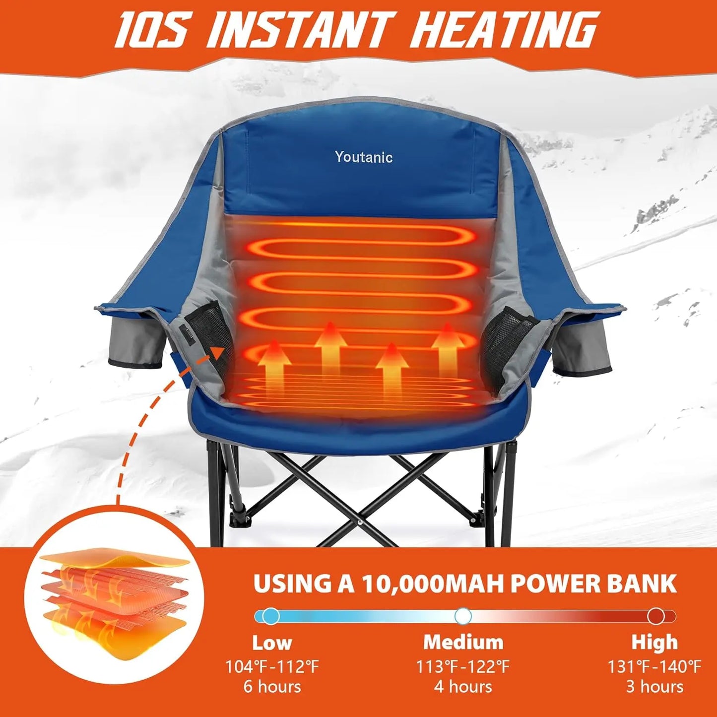 Heated Camping Chair with 3 Heat Levels, Oversized Padded Design, Side Pockets & Cup Holder for Outdoor Activities