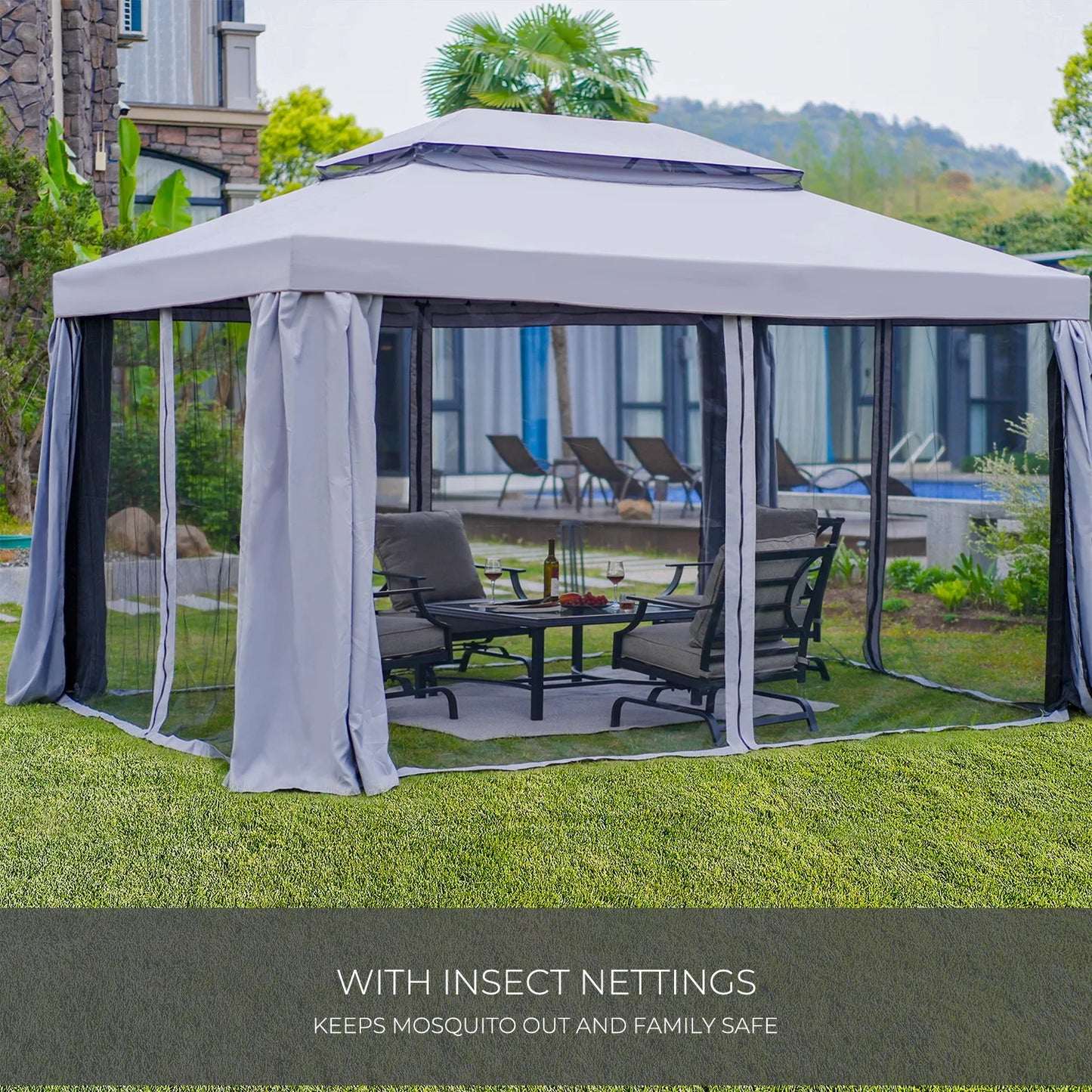 Grand Patio Gazebo With Mosquito Netting And Curtains